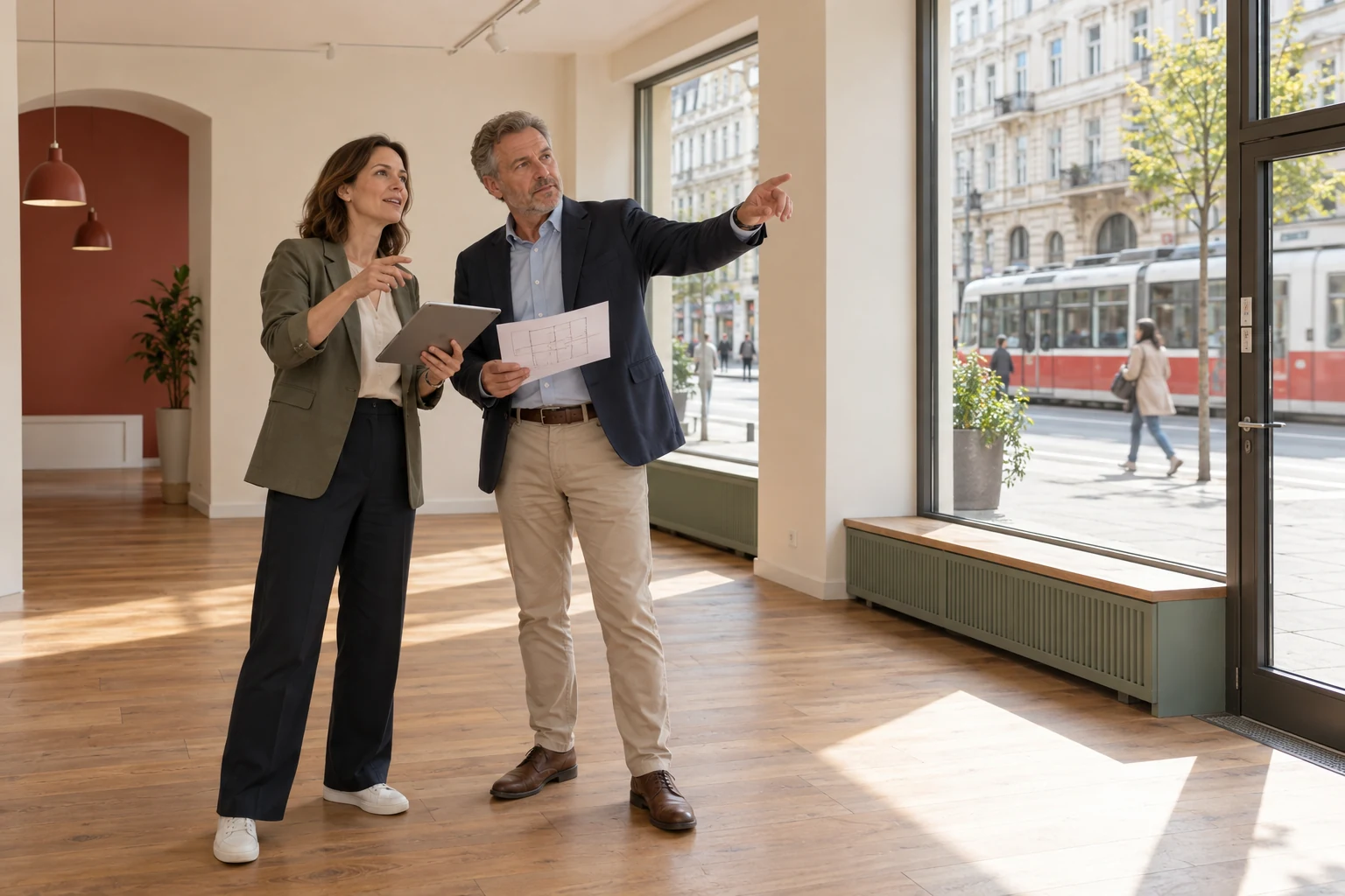 Unternehmerin und Fachmann bei einer Standortbegehung in Wien