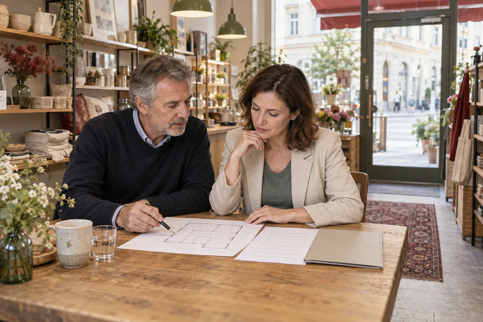 Betreiber und mögliche Nachfolgerin besprechen einen Franchisebetrieb